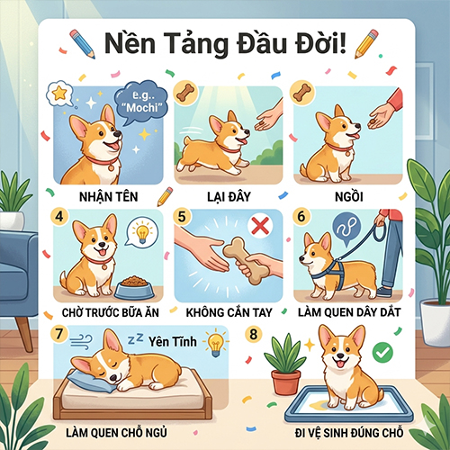 Infographic huấn luyện chó Corgi con với các thói quen cơ bản như nhận tên, lại đây, ngồi và đi vệ sinh đúng chỗ
