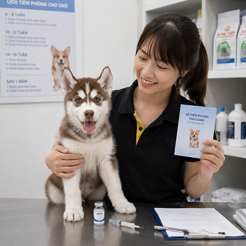 Nhân viên kiểm tra sức khỏe và sổ tiêm phòng cho chó Husky