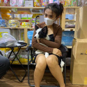 Khách hàng nữ bế bé Border Collie đen trắng trong buổi bàn giao tại Chạm Pets