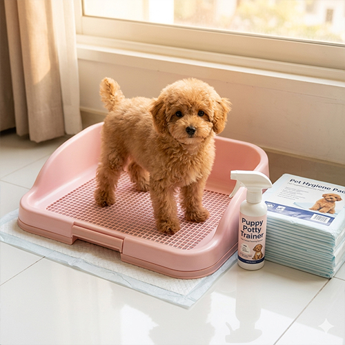 Hình ảnh vuông 500 pixel cận cảnh một chú Poodle apricot nhỏ đang đứng ngoan ngoãn trên khay vệ sinh màu hồng có lưới phẳng, với bịch tấm lót vệ sinh và chai xịt huấn luyện đặt chặt chẽ bên cạnh.