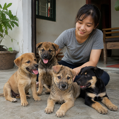 Người nuôi chăm sóc đàn chó ta và chó lai khỏe mạnh tại nhà