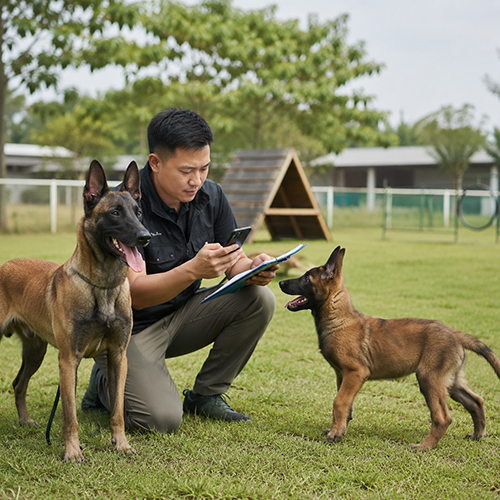 Người nuôi kiểm tra thông tin chó Malinois bằng điện thoại và sổ ghi chú