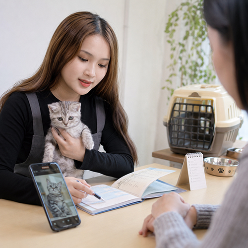 Nhân viên Chạm Pets kiểm tra hồ sơ và video mèo con trước khi khách đặt cọc