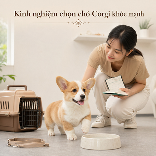 Người nuôi kiểm tra sức khỏe chó Corgi con với sổ theo dõi và chuồng vận chuyển bên cạnh