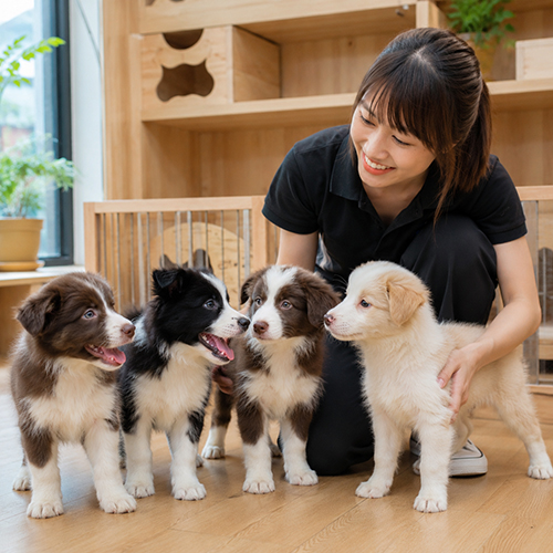 Người chăm sóc quan sát đàn chó Border Collie con trước khi chọn