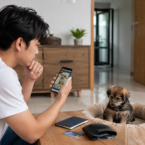 Người mua so sánh ảnh chó con trên điện thoại với bé cún thật trước khi đặt cọc