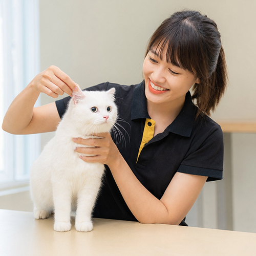 Nhân viên Chạm Pets kiểm tra tai và sức khỏe mèo trắng