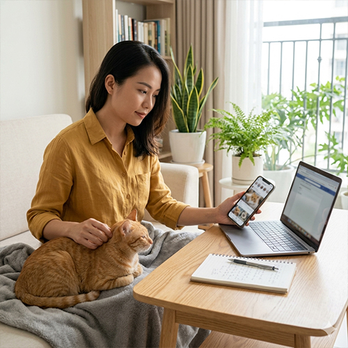 Người chủ dùng điện thoại tìm hiểu thông tin về mèo trên mạng bên cạnh chú mèo nhà