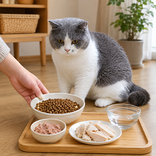 Mèo ALN bên khay thức ăn hạt pate thịt gà và nước sạch