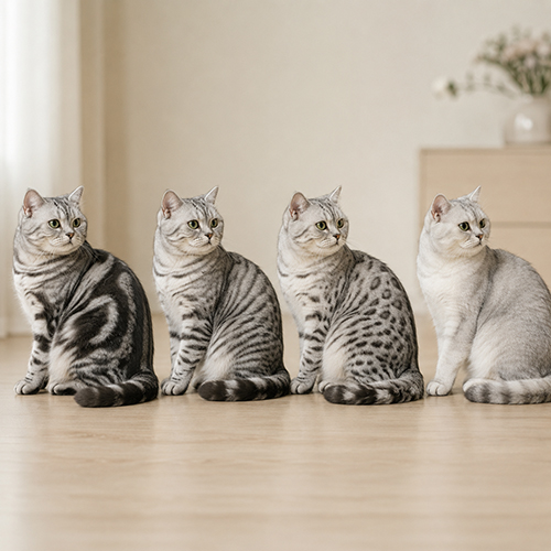 Bốn mèo Anh lông ngắn Silver với các kiểu hoa văn tabby khác nhau