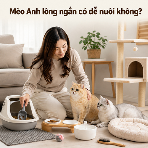 Chăm mèo Anh lông ngắn tại nhà với khay cát bát ăn và đồ chơi