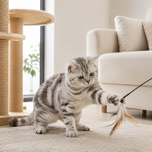 Mèo Anh lông ngắn Silver Tabby chơi cần câu trong phòng khách