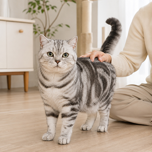 Mèo Anh lông ngắn Silver Tabby đứng trong nhà, được vuốt ve nhẹ