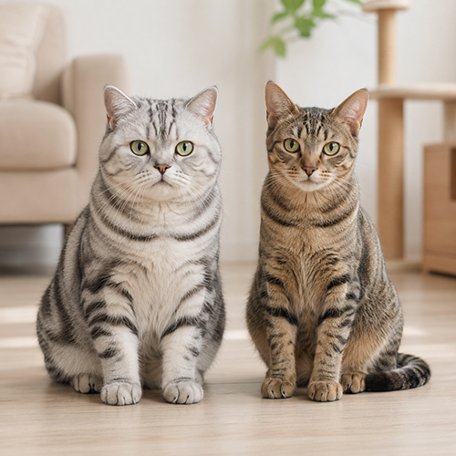 Mèo Anh lông ngắn Silver Tabby ngồi cạnh mèo mướp tabby để so sánh