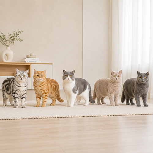 Nhiều mèo Anh lông ngắn với các màu silver tabby, golden, bicolor, lilac và xám xanh đứng cạnh nhau