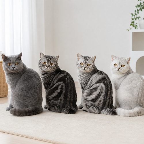 Bốn mèo Anh lông ngắn với màu xám xanh, tabby xám và silver ngồi cạnh nhau