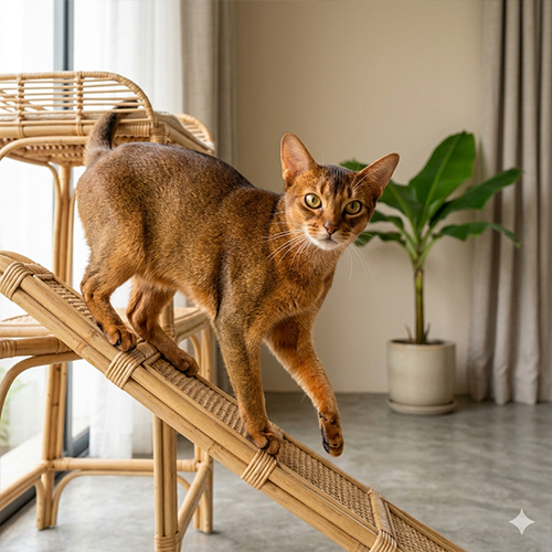 Chú mèo Abyssinian dáng thanh, lông ticked, đang leo trèo tò mò trên một chiếc trụ mèo gỗ trong không gian nhà cửa sạch sẽ, tràn ngập ánh sáng tự nhiên tại Chạm Pets.