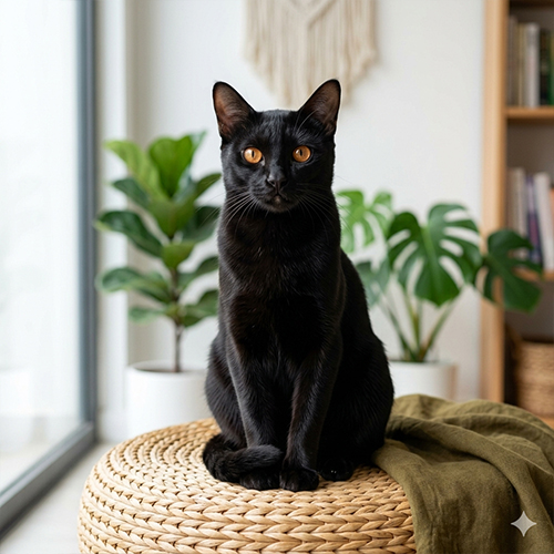 Chú mèo Bombay lông đen bóng mượt như "báo đen mini", mắt vàng đồng nổi bật ngồi alert trên đôn rattan trong không gian nhà cửa tối giản tràn ngập ánh sáng tự nhiên sạch sẽ.
