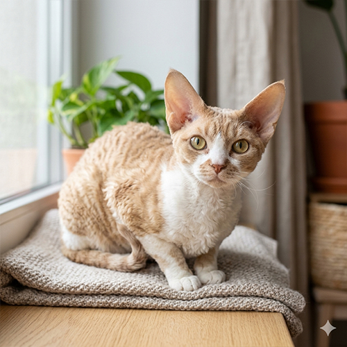 Chú mèo Devon Rex lông xoăn mềm, ngắn, tai lớn, mặt "yêu tinh" độc lạ ngồi tò mò trên đôn mây trong không gian nhà cửa tối giản tràn ngập ánh sáng tự nhiên sạch sẽ.