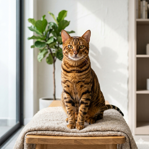 Chú mèo Toyger dáng khỏe, vân lông vằn hổ nổi bật, ăn ảnh ngồi alert trên ghế mây trong không gian nhà cửa tối giản tràn ngập ánh sáng tự nhiên sạch sẽ.