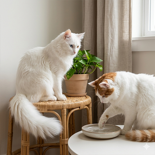 Một chú mèo Turkish Angora lông trắng mềm mại và một chú mèo Turkish Van với hoa văn Van đặc trưng tương tác bên một chiếc bát sứ nhỏ trong không gian nhà tràn ngập ánh sáng tự nhiên dịu nhẹ.