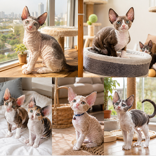 Nhiều mèo Devon Rex sinh hoạt trong căn hộ sáng và ấm