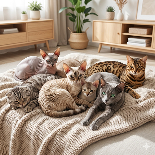 Nhóm các giống mèo cảnh hiếm và loài mèo hoang dã quý hiếm ngồi cùng nhau trong một không gian tự nhiên sạch sẽ, đại diện trực quan cho toàn bài viết.