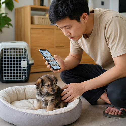 Người mua xem tin rao chó con giá rẻ trên điện thoại và kiểm tra bé cún thật