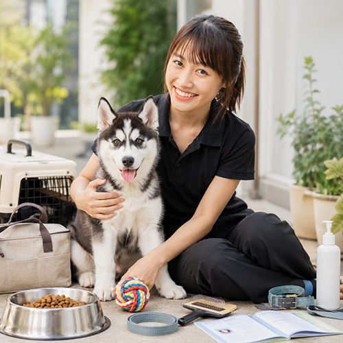 Nhân viên chuẩn bị thức ăn phụ kiện và chăm sóc cho chó Husky