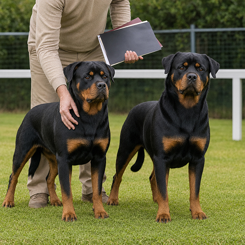 Hai chó Rottweiler đứng cạnh người nuôi cầm hồ sơ nguồn giống
