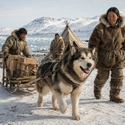 Alaskan Malamute kéo hàng trong vùng tuyết lạnh