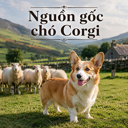 Ảnh minh họa nguồn gốc chó Corgi với chú Corgi đứng trên đồng cỏ và đàn cừu phía sau