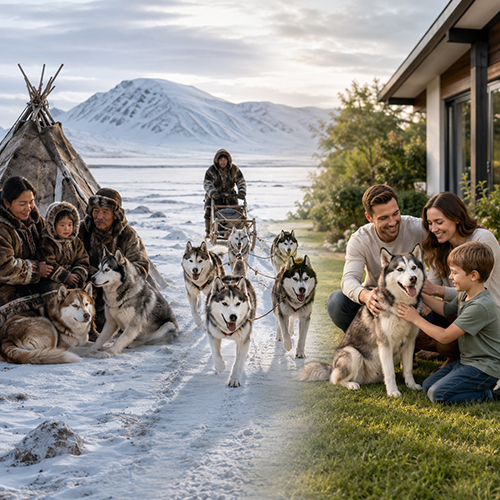 Hình minh họa nguồn gốc chó Husky Sibir từ chó kéo xe vùng tuyết đến thú cưng trong gia đình
