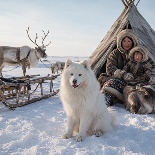 Chó Samoyed trắng trong khung cảnh tuyết Siberia cùng xe trượt và tuần lộc