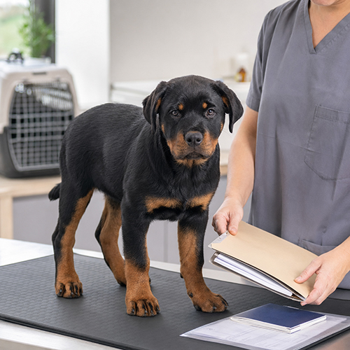 Chó Rottweiler con được kiểm tra sức khỏe cùng hồ sơ nguồn gốc và sổ tiêm