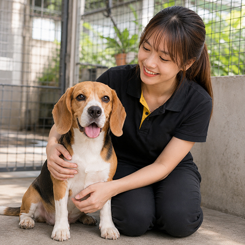 Nhân viên tư vấn bên chó Beagle trưởng thành dáng khỏe và thân thiện