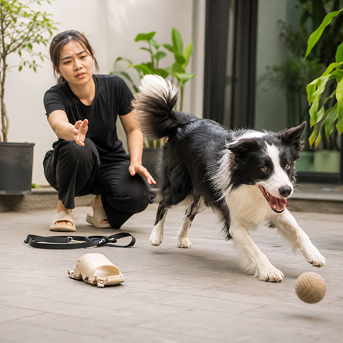 Chó Border Collie nhiều năng lượng chạy trong sân nhà