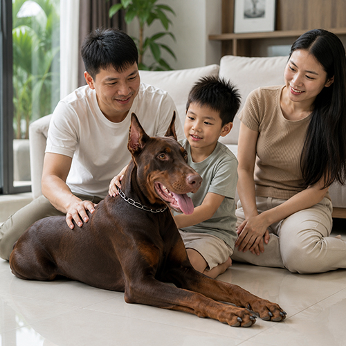 Gia đình ngồi bên chó Doberman trong phòng khách sáng và sạch