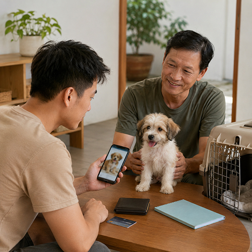 Người mua gặp người bán và kiểm tra chó con trước khi quyết định nhận nuôi