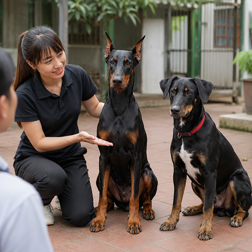 Nhân viên hướng dẫn khách phân biệt chó Doberman thuần chủng và chó Doberman lai