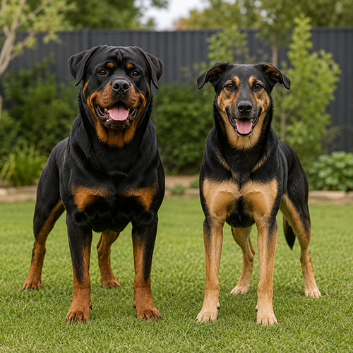 Chó Rottweiler thuần chủng và chó lai Rottweiler đứng cạnh nhau để so sánh