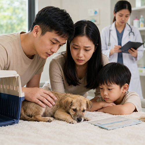 Gia đình đưa chó con đi kiểm tra sức khỏe tại phòng khám thú y
