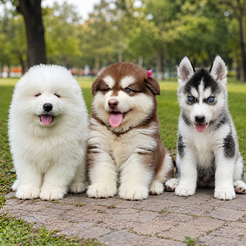 So sánh chó Samoyed trắng xù, Alaska nâu trắng và Husky đen trắng