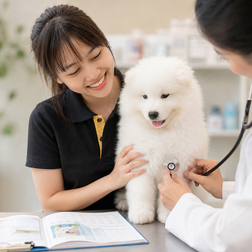 Nhân viên tư vấn cùng bác sĩ kiểm tra sức khỏe cho chó Samoyed con