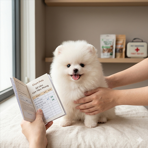 Chó Phốc Sóc trắng được kiểm tra sổ tiêm tại Chạm Pets