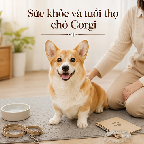 Chó Corgi ngồi cạnh người nuôi với dây dắt, bát nước và thước đo cân nặng