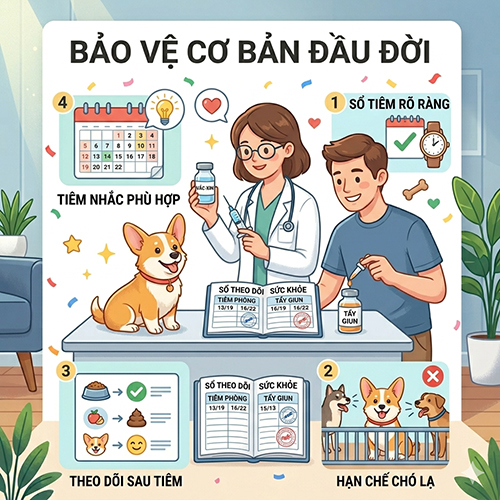 Chó Corgi con được bác sĩ thú y tiêm phòng, minh họa việc tiêm vaccine và tẩy giun cho Corgi con