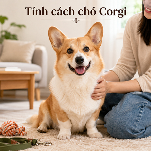 Chó Corgi vui vẻ bên cạnh chủ trong phòng khách sáng tự nhiên