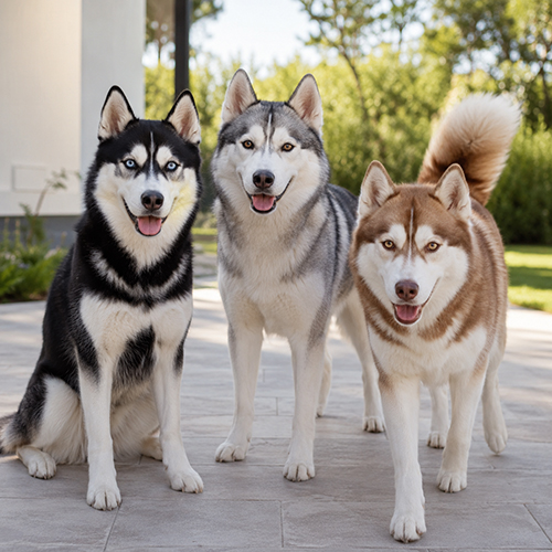 Ba chú chó Husky Sibir với các màu lông phổ biến đứng ngoài trời, dáng cân đối và thân thiện