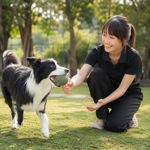 Chó Border Collie chơi bóng cùng người chăm sóc ngoài công viên